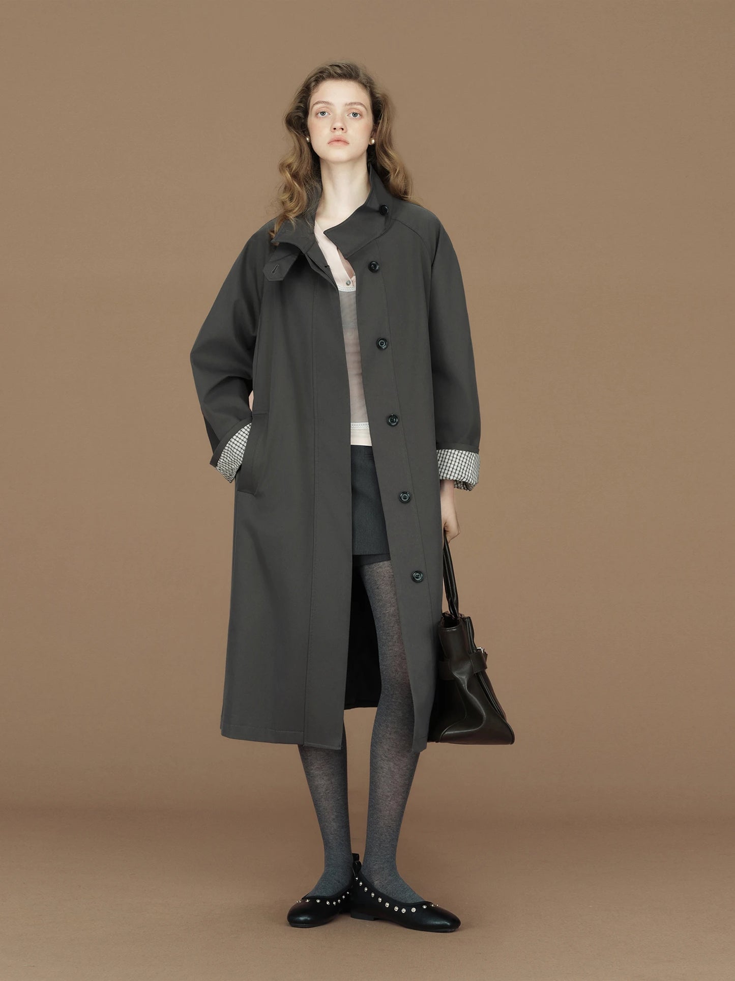 FSLE 2026 Womens British Trench Coat Contrast Cuff Stand Collar Heritage Workwear Style Pink Black Khaki Short Long Trench Coat