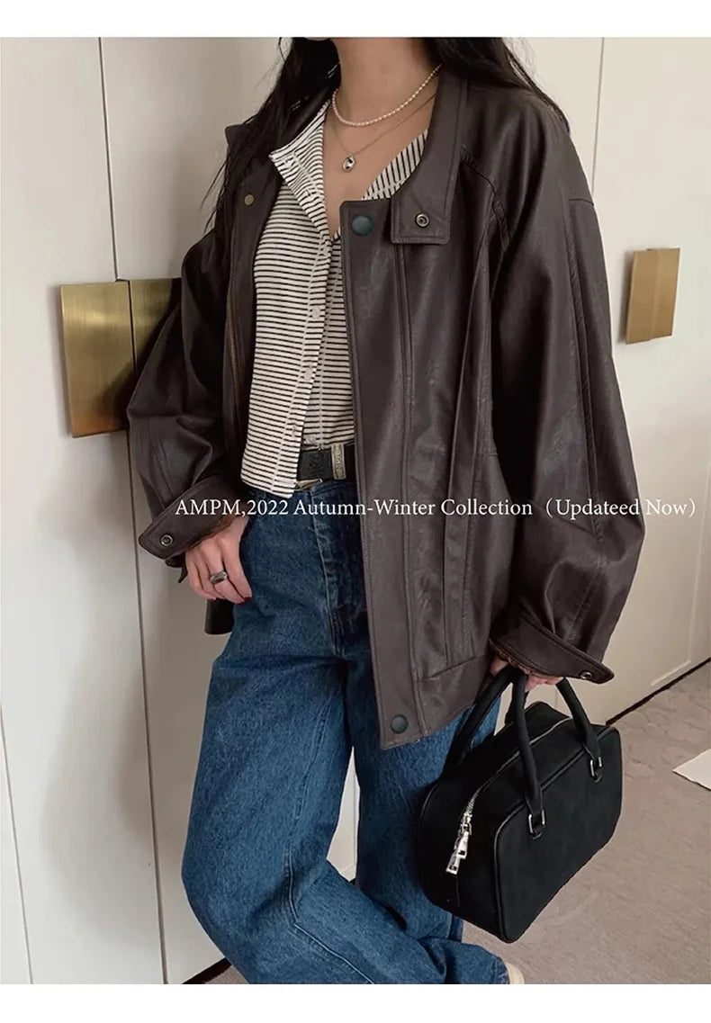 Lautaro Autumn Cool Brown Oversized Leather Jacket Women Drop Shoulder Long Sleeve Zippper High Quality American Retro Clothing