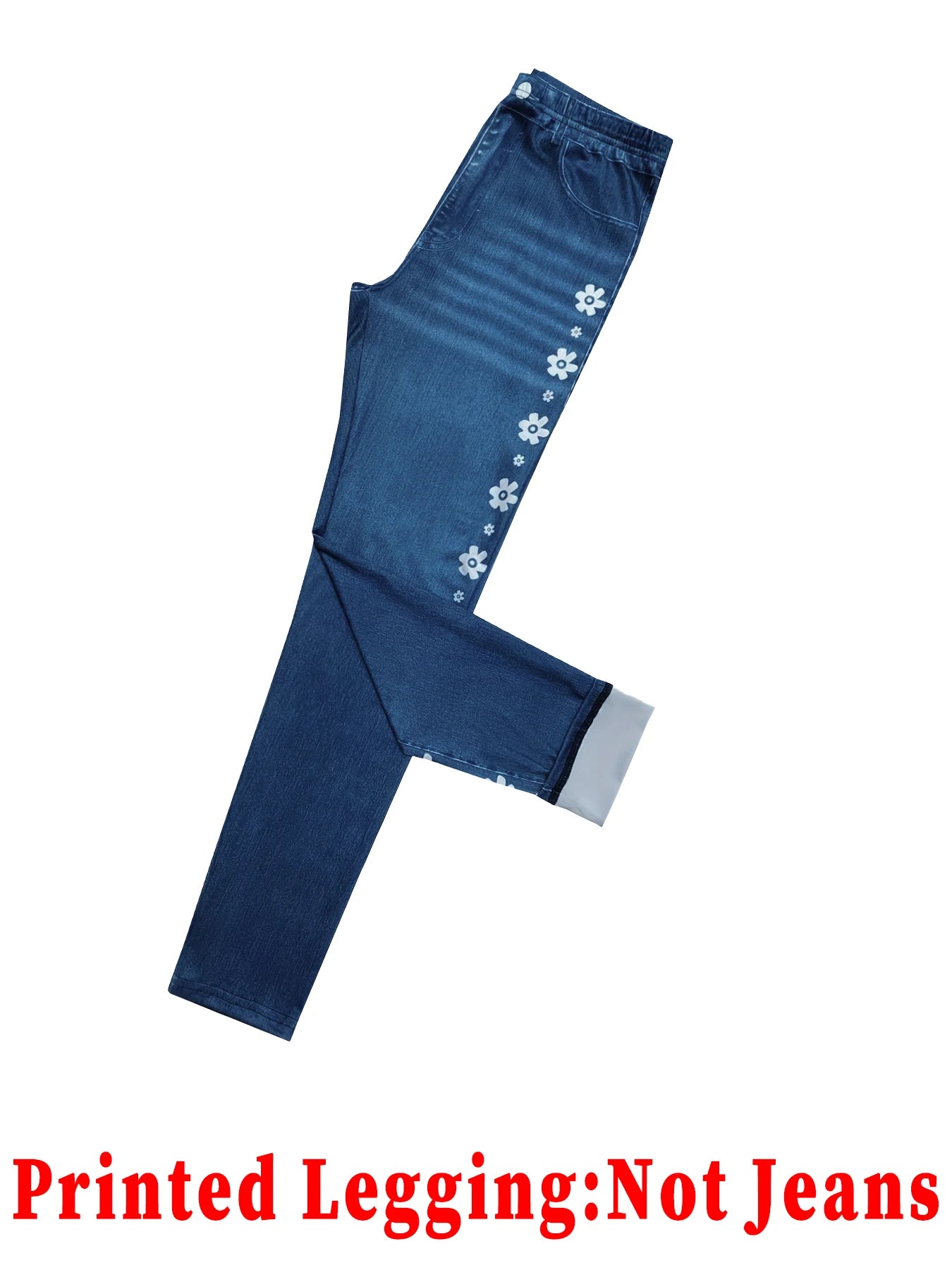 Fashion Women Faux Denim Printed Skinny Pants, High Elastic Seamless Fake Pocket Casual Sports Long Leggings