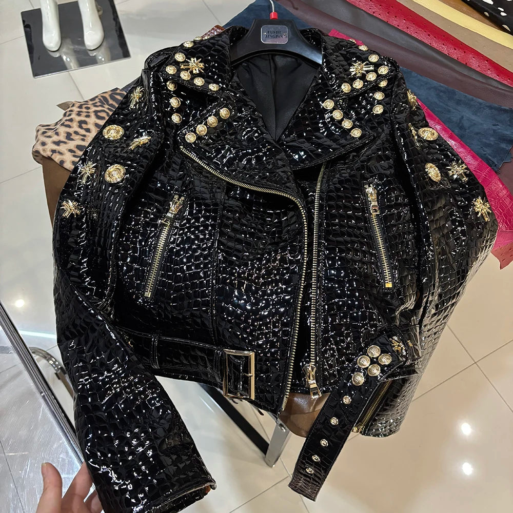 Women Stylish Gold Rivet Real Leather Jacket High Glossy Genuine Leather Asymmetrical Zip Biker Jacket