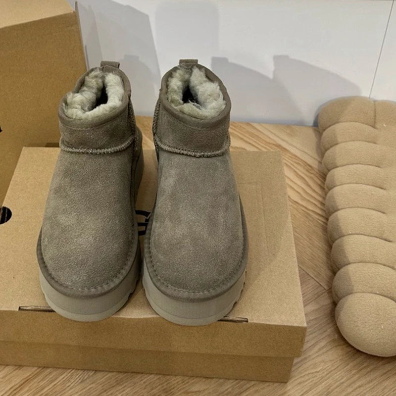 Winter Women Real Sheepskin Wool Ultra Mini Platform Snow Boots Classic Genuine Leather Natural Fur Warm Thick sole Shoes 34-42