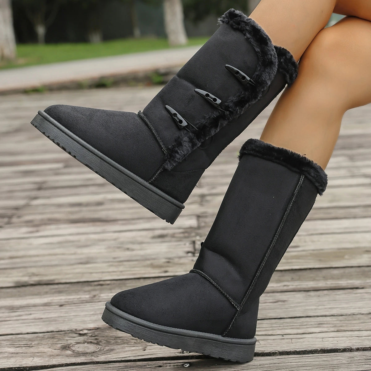 Women Snow Boots Winter Mid-calf Boots Warm Cotton Shoes Fashion Solid Color Button Ladies Brown Long Boots Plus Size 42