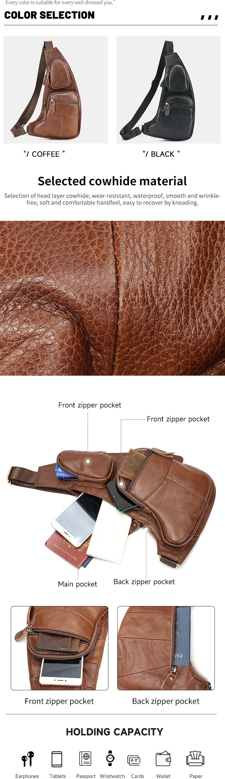Men Genuine Leather Sling Cross Body High Quality Chest Bag Multi-Pockets Casual Male Cowhide Shoulder Bag Backpack Rucksack