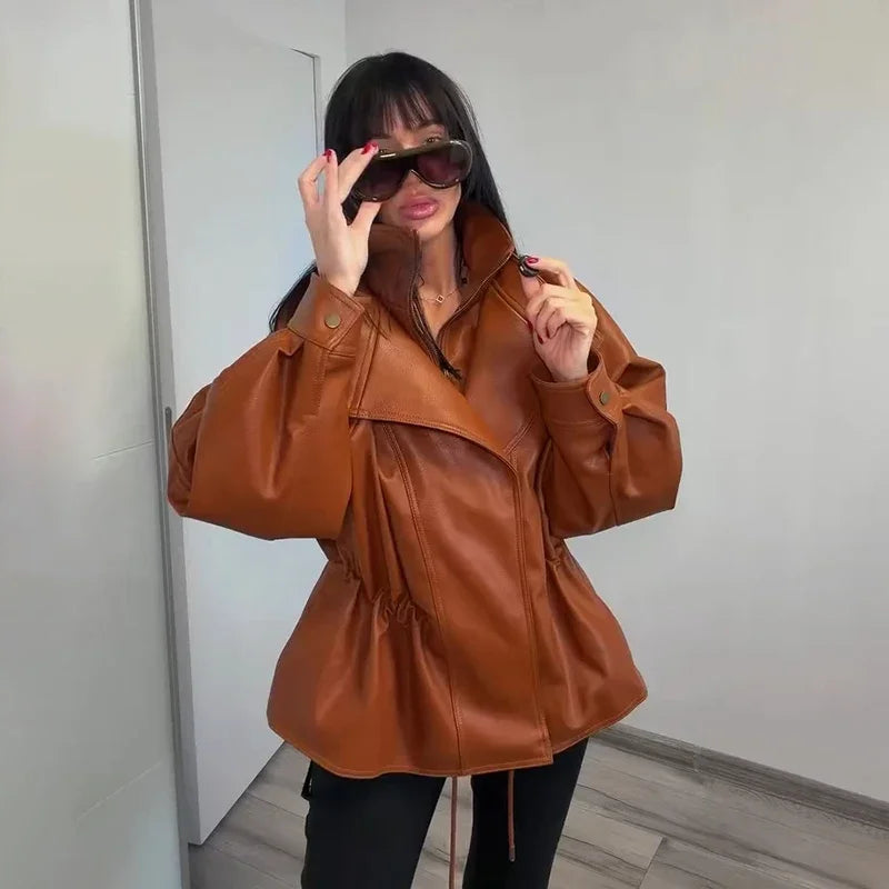 Fashion Solid Faux Leather Women's Jacket  Lapel Waist Cinching Loose Long Sleeves Coat Chic 2026 Spring Autumn New Street Wear