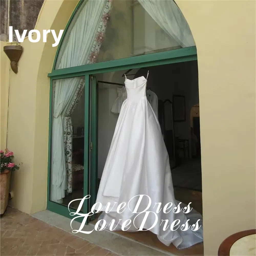 Customized Simple Stain Strapless Pleats A-Line High Side Slit Wedding Dress Pastoral Sleeveless Boat Neck Backless Lace Up 2026