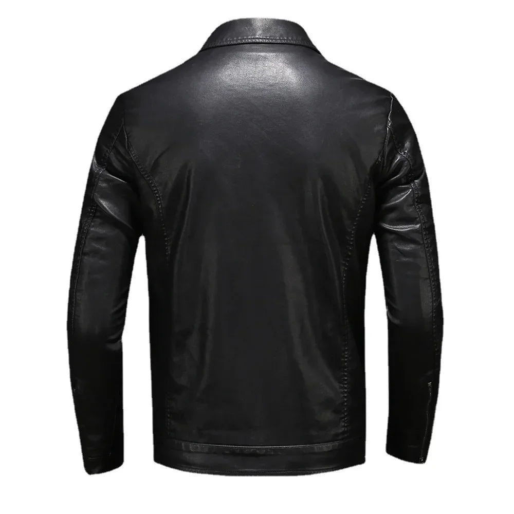 Men's Motorcycle Leather Jacket Large Size Pocket Black Zipper Lapel Slim Fit Male Spring Autumn High Quality PU Coat