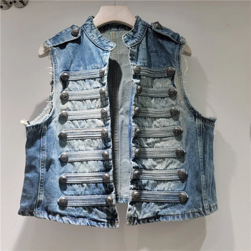 Women Jackets Sleeveless Denim Coat Solid Cardigan Buttons Casual Stand Collar Jacket Streetwear Lady Vintage Coats Summer 2026