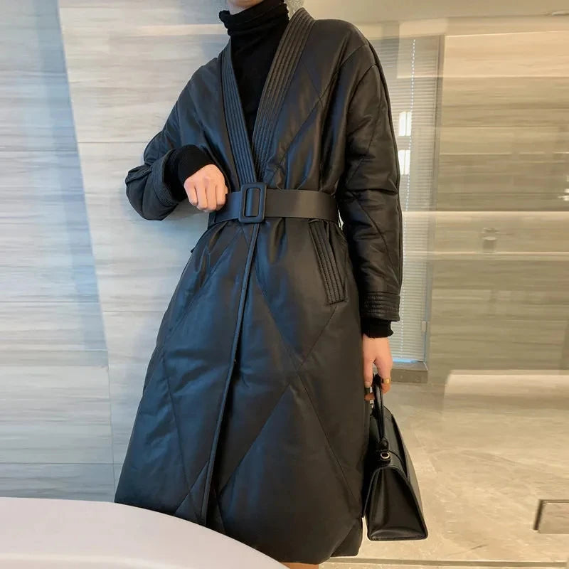 High End Leather Jacket New Women Autumn Winter Long PU Leather Windbreaker With Belt Female Down Cotton Coat Thick Warm Parkas