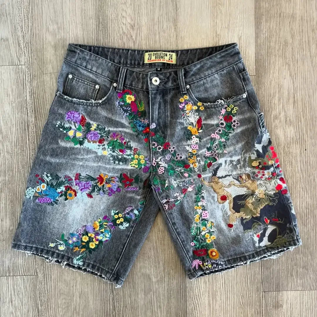 American Fashion Printed Denim Shorts Harajuku Hip-Hop High Street Denim Shorts Fashion Street Y2K Denim Shorts Men's Clothing