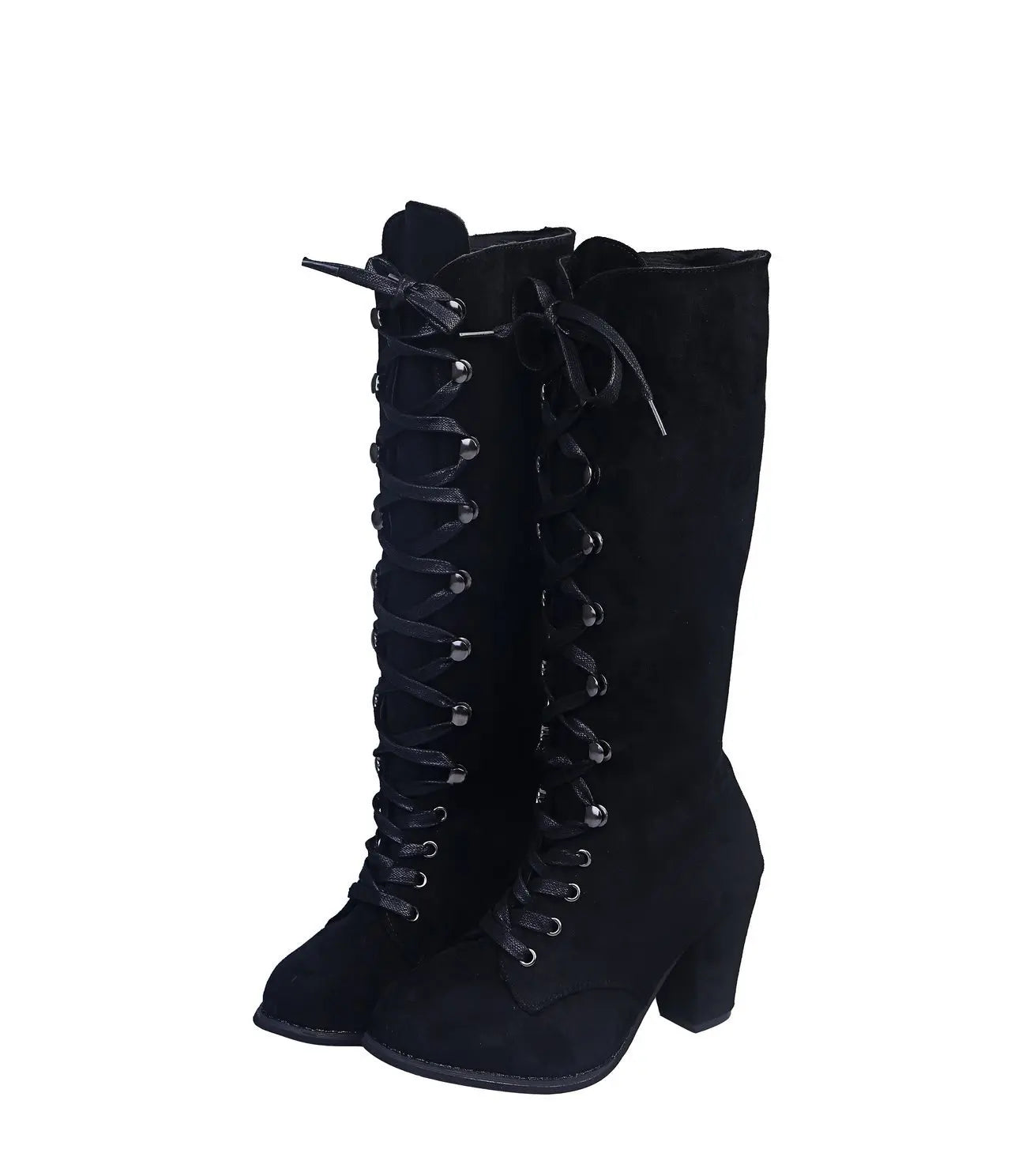 Winter Women Boots Shoes Fashion Vintage Lace-up Boots Women Round Cowboy High Heels Booties Shoes Woman Botas Mujer