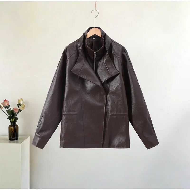 Fashion Solid Faux Leather Women's Jacket  Lapel Waist Cinching Loose Long Sleeves Coat Chic 2026 Spring Autumn New Street Wear