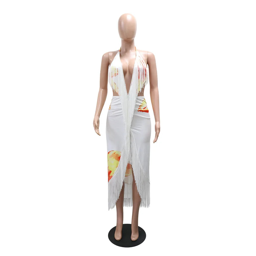 V Neck Floral Fringe Dress Sexy Party Bodycon Fashion Evening Dresses Women 2026 Summer Halter Elegant Luxury Maxi Dresses