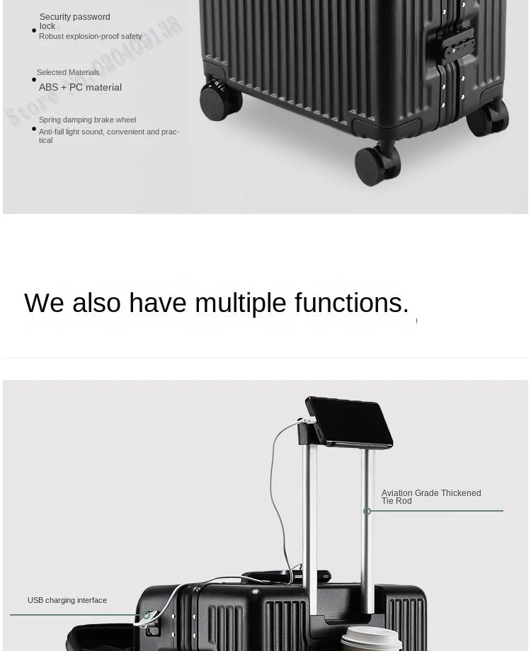 New 20'' Boarding Box Front Opening Suitcase Aluminium Frame 24/27 inch Rolling Luggage with Cup Holder Mobile Phone Holder