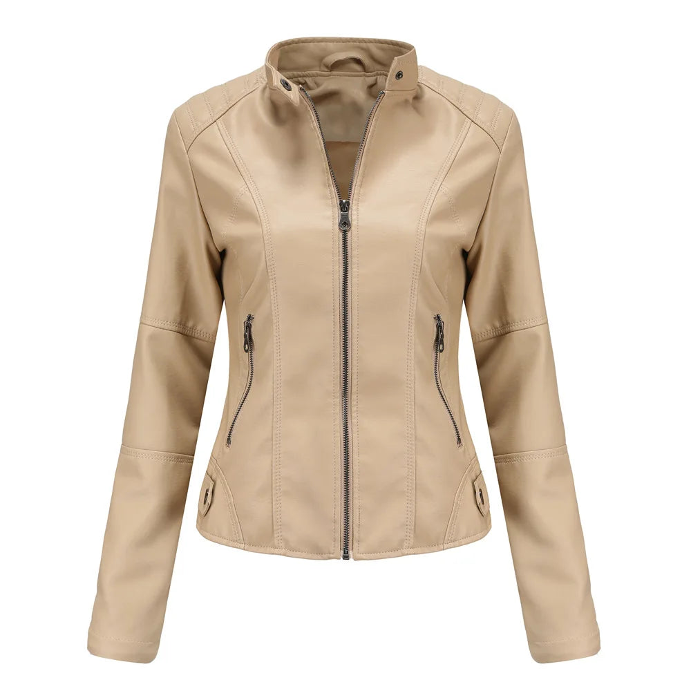 Women's Leather Jacket Women's Slim-Fit Jacket Thin Autumn Jacket Women's Biker Jacket Large Size Standing Collar Leather Jacket