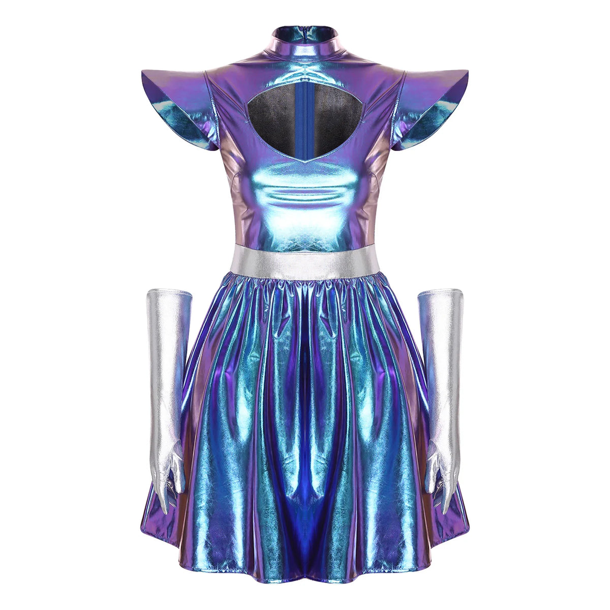 Womens Space Alien Costume Shiny Metallic High Waist A-line Dress with Gloves Astronaut Cosplay Outfits for Halloween Party