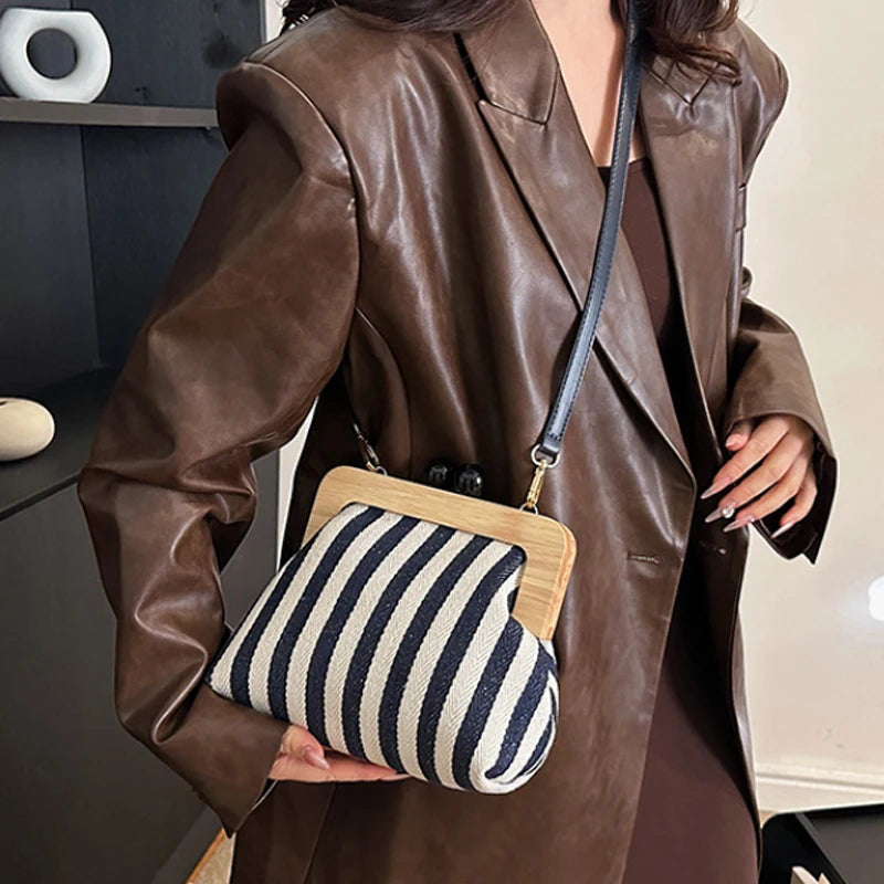 New Black Stripe Canvas Wooden Clip Bag Women Bag Fashion Shoulder Bag Crossbody Bag
