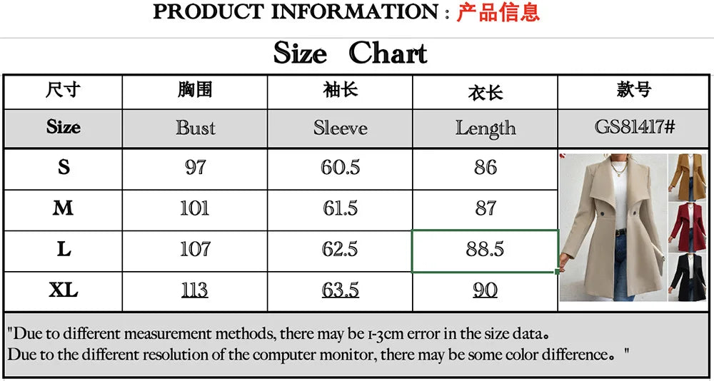 Autumn Winter Women Coat Fashion Solid Color Lapel Collar Single-breasted Slim Fit Female Woolen Coat Mid Length Lady Overcoat
