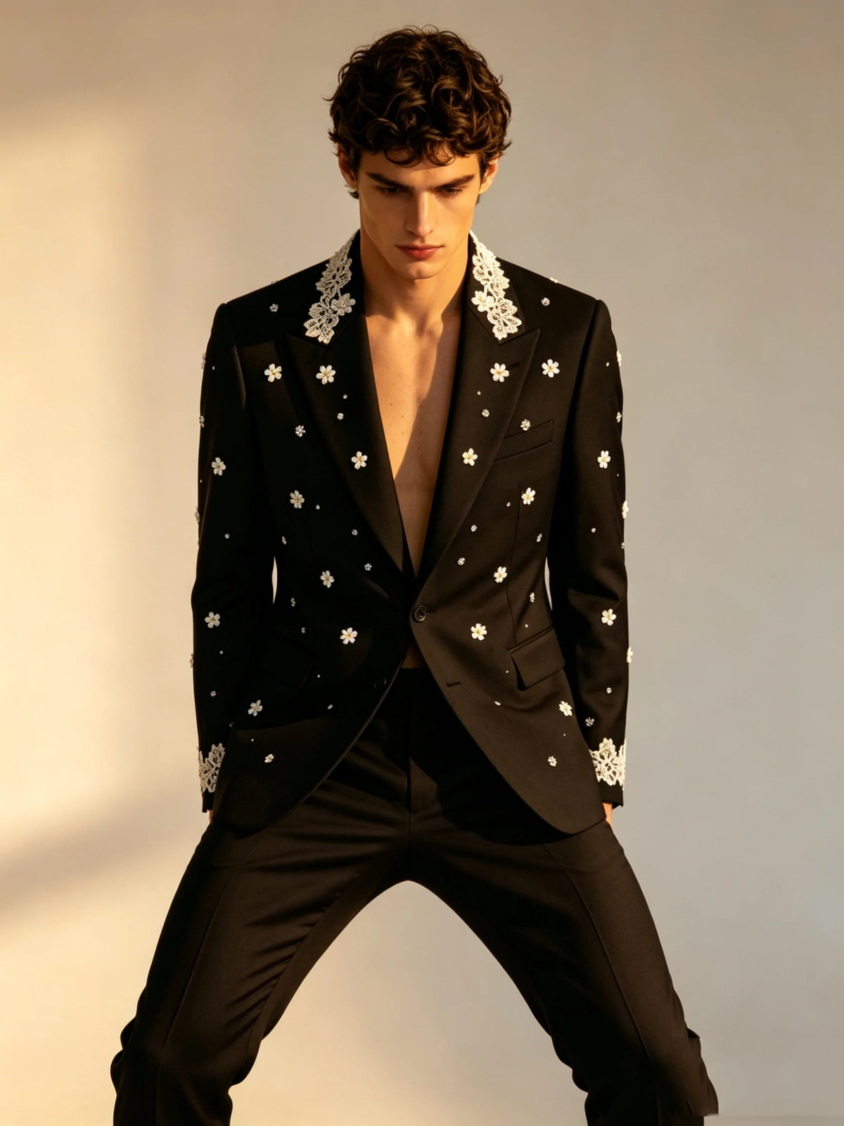 Black Appliqued Floral Men Suit Set 2 Piece Blazer+Pants Prom Wedding Tuxedos Coat Customized Formal Office Fashion Groom Jacket