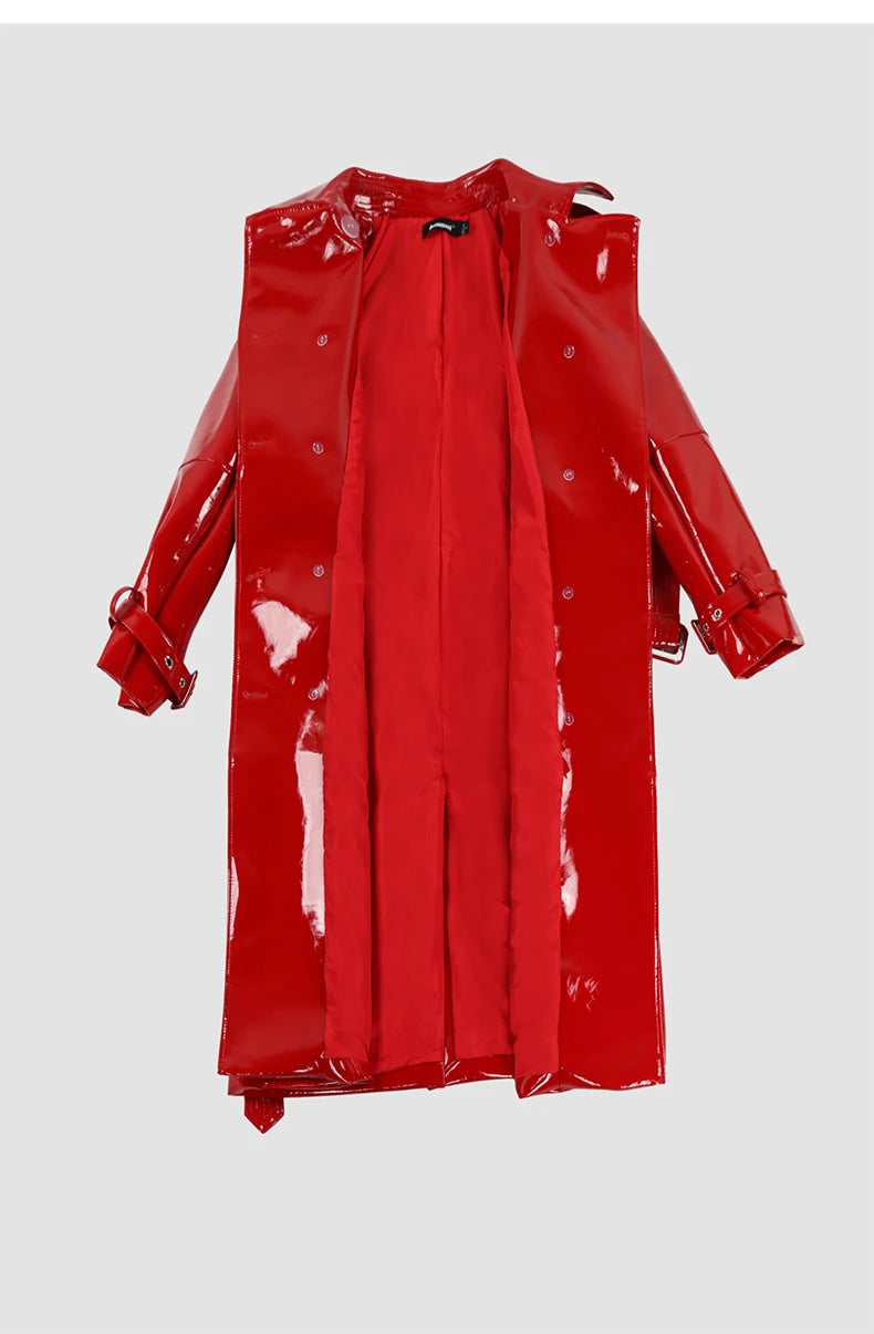 Nerazzurri Autumn Long Shiny Black Red Patent Pu Leather Trench Coat for Women Belt Double Breasted Luxury Designer Clothes 2023