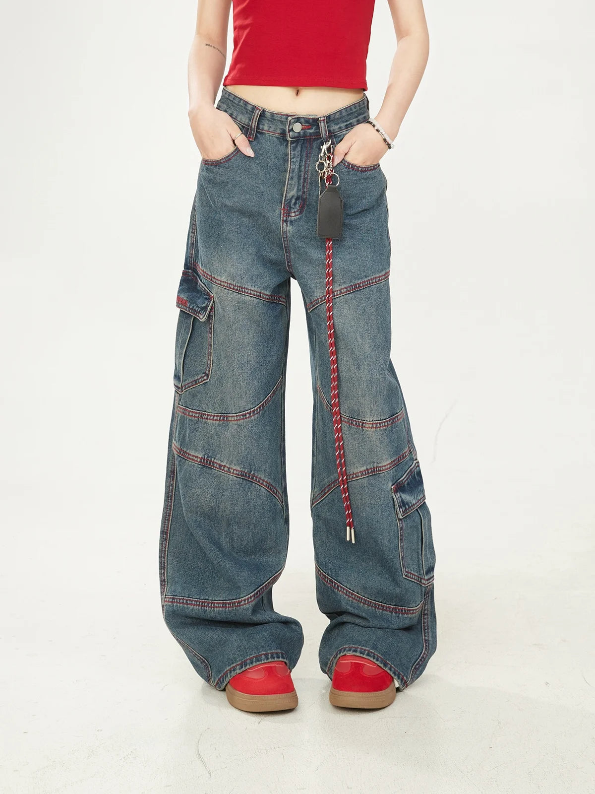 Washed Vintage American High Street Loose Women's Jeans with Patchwork And Stitching Design Casual Wide Leg Workwear Trousers