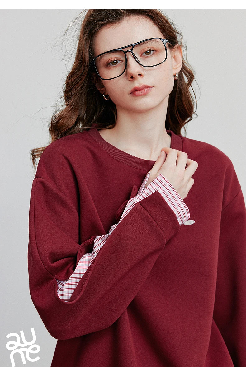 TOYOUTH Women Hoodies Sweatshirt 2025 Autumn New Patchwork Design Round Neck Long Sleeve Pullover Casual Tops