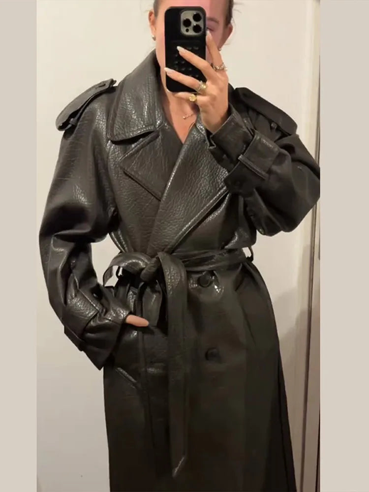 Double Breasted Lace up Long Leather Coat Woman Long Sleeves Loose Solid Color Casual Jackets Street Women's Early Autumn Coats
