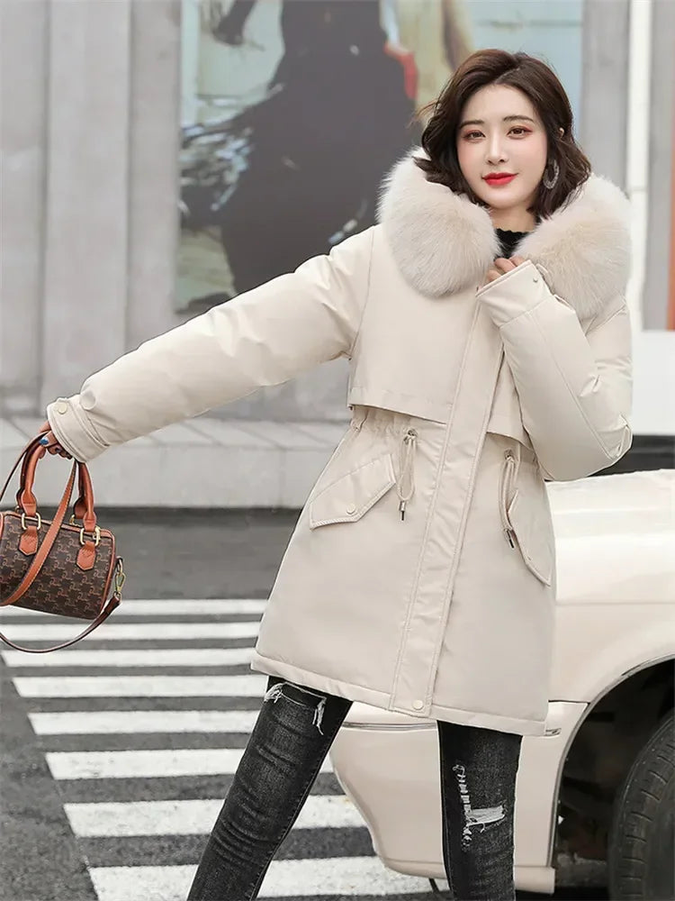 Winter Coat Low Price On Sale Women Beige Add Wool Thick Warmth Fur Hooded Parkas Jacket 2026 New Fashion Belt Slim Cotton Coat