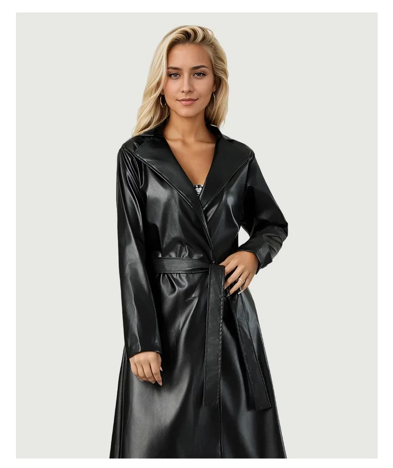 Women's Streetwear Windbreaker Black Tie Up Pu Leather Jackets For Women Fall Winter Windproof Anoraks Trench Coat For Women