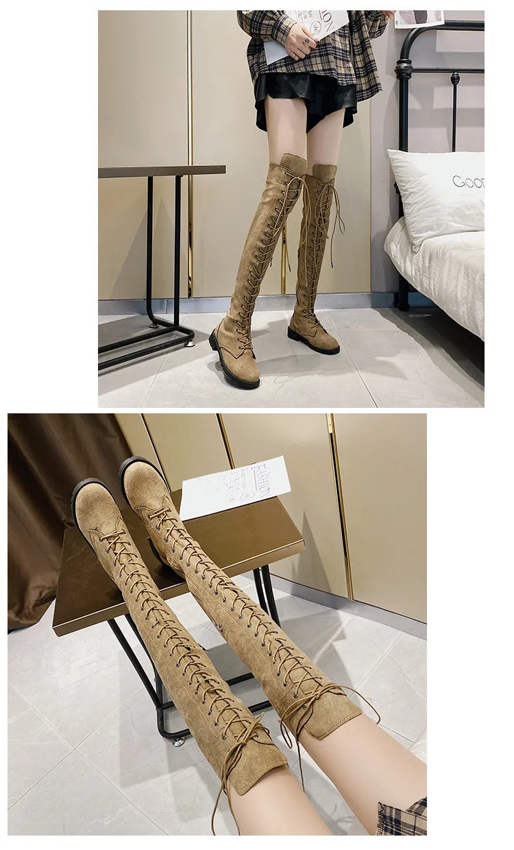 Side Zipper Lace-up Women's Long Botas Brown Black Suede Mid Heel Over-the-Knee Boots for Women Ladies Thigh High Boots Size 43