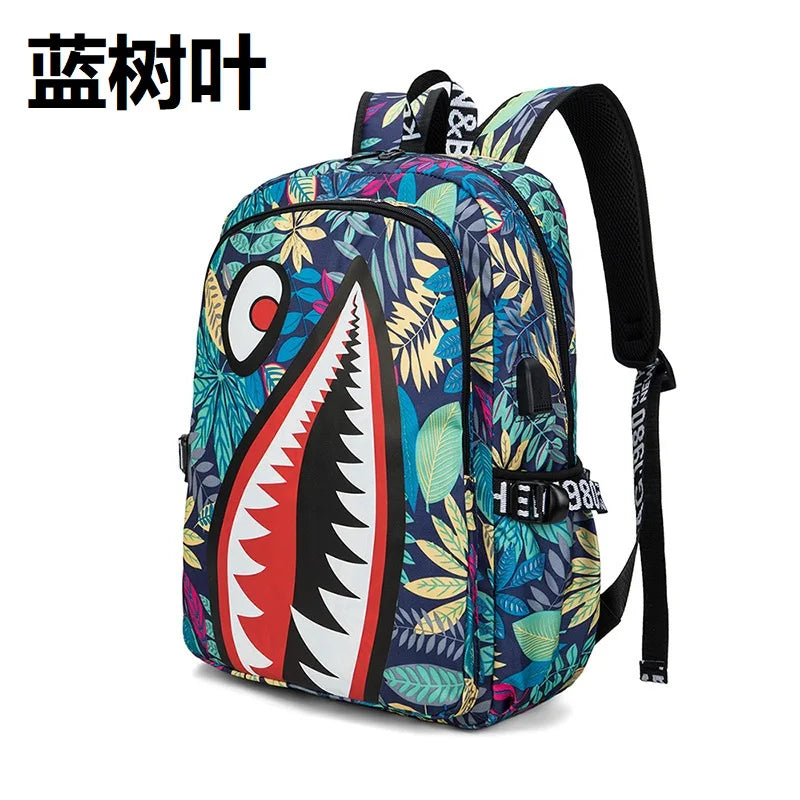 Cool shark mouth prints bagpack boy camouflage college bags unisex schoolbags waterproof backpacks student large capacity bags
