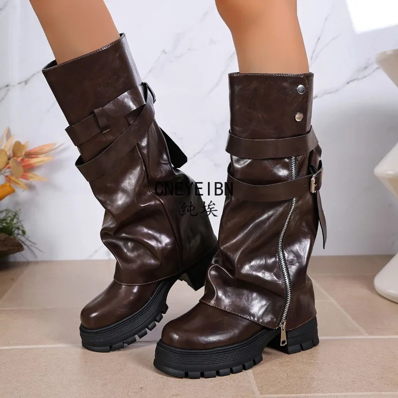Platform Chunky Sole Women Knee High Boots Buckle Strap Side Zipper Shoes Autumn Winter Vintage Ladies Non Slip Long Boots