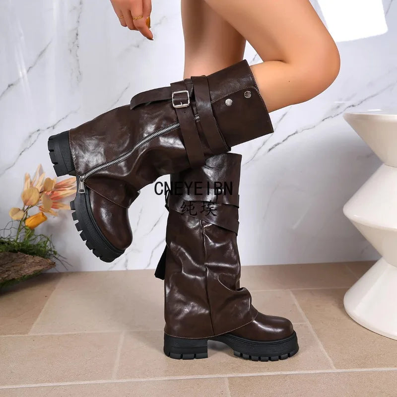 Platform Chunky Sole Women Knee High Boots Buckle Strap Side Zipper Shoes Autumn Winter Vintage Ladies Non Slip Long Boots
