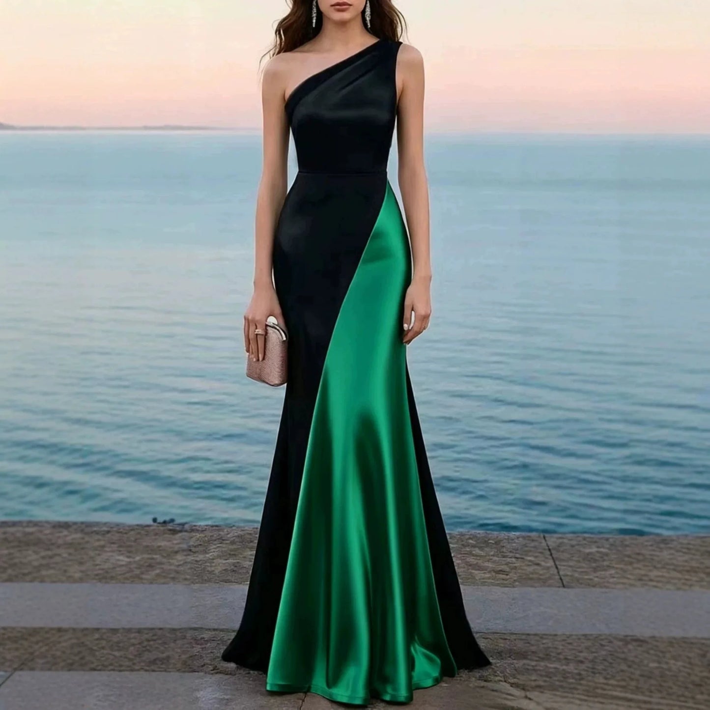 Women Luxury Satin One Shoulder Long Dress Black Red Patchwork Bodycon Mermaid Gown for Birthday Cocktail Wedding Guest Evening