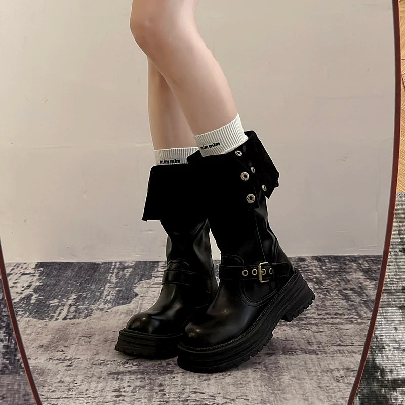 Winter Vintage Platform Thick Sole Woman Knight High Boots Concise Belt Buckle Front zipper Shoes Ladies Slim Modern Long Botas