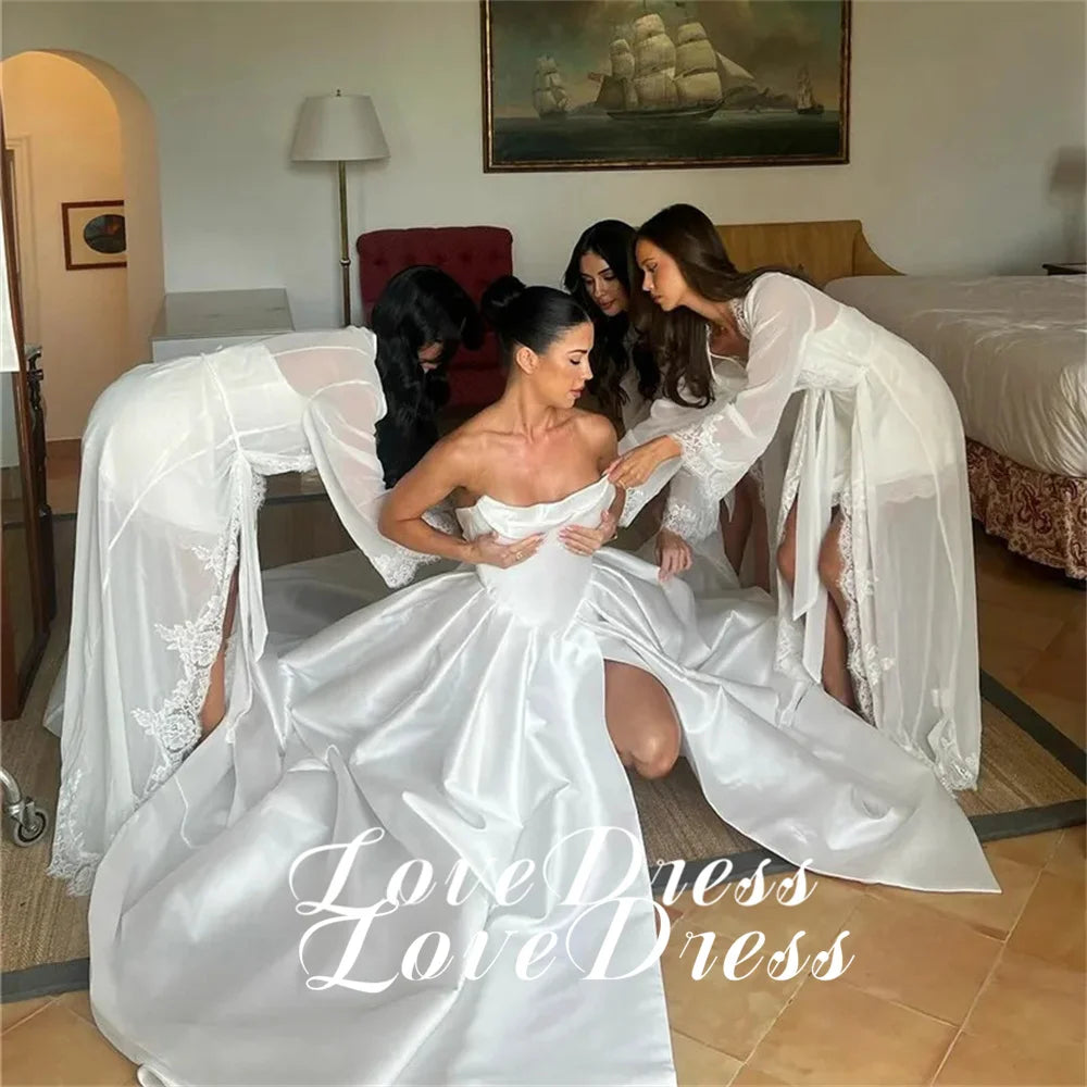 Customized Simple Stain Strapless Pleats A-Line High Side Slit Wedding Dress Pastoral Sleeveless Boat Neck Backless Lace Up 2026