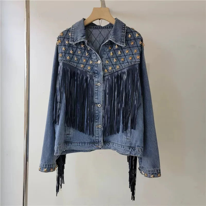 European and American style heavy industry embroidery splicing denim jacket 2025 new print loose casual denim women's jacket top