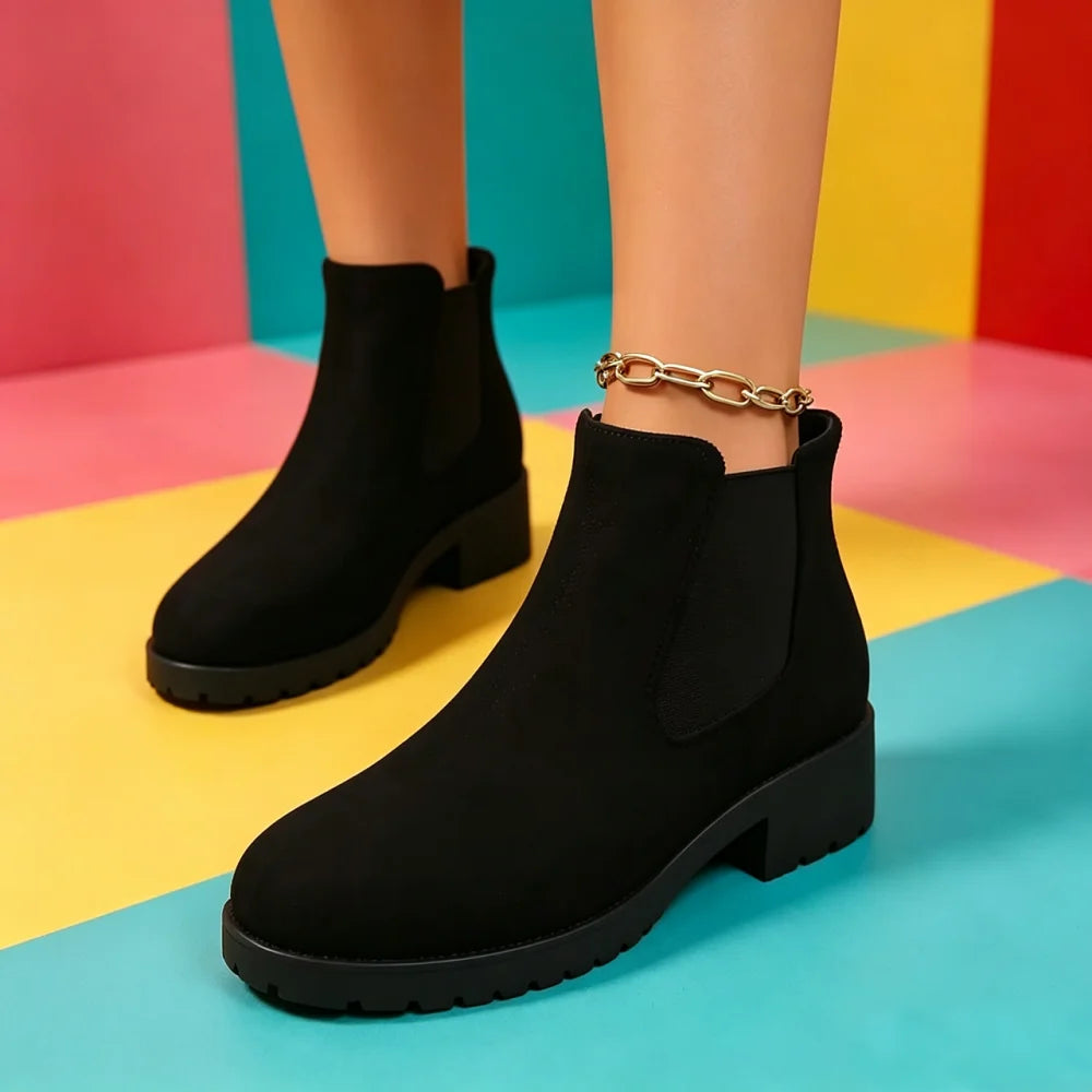 Women Suede Chelsea Boots Thick Sole Elastic Side Non Slip Casual Footwear All Season Daily Wear Comfortable Fit Chunky Design