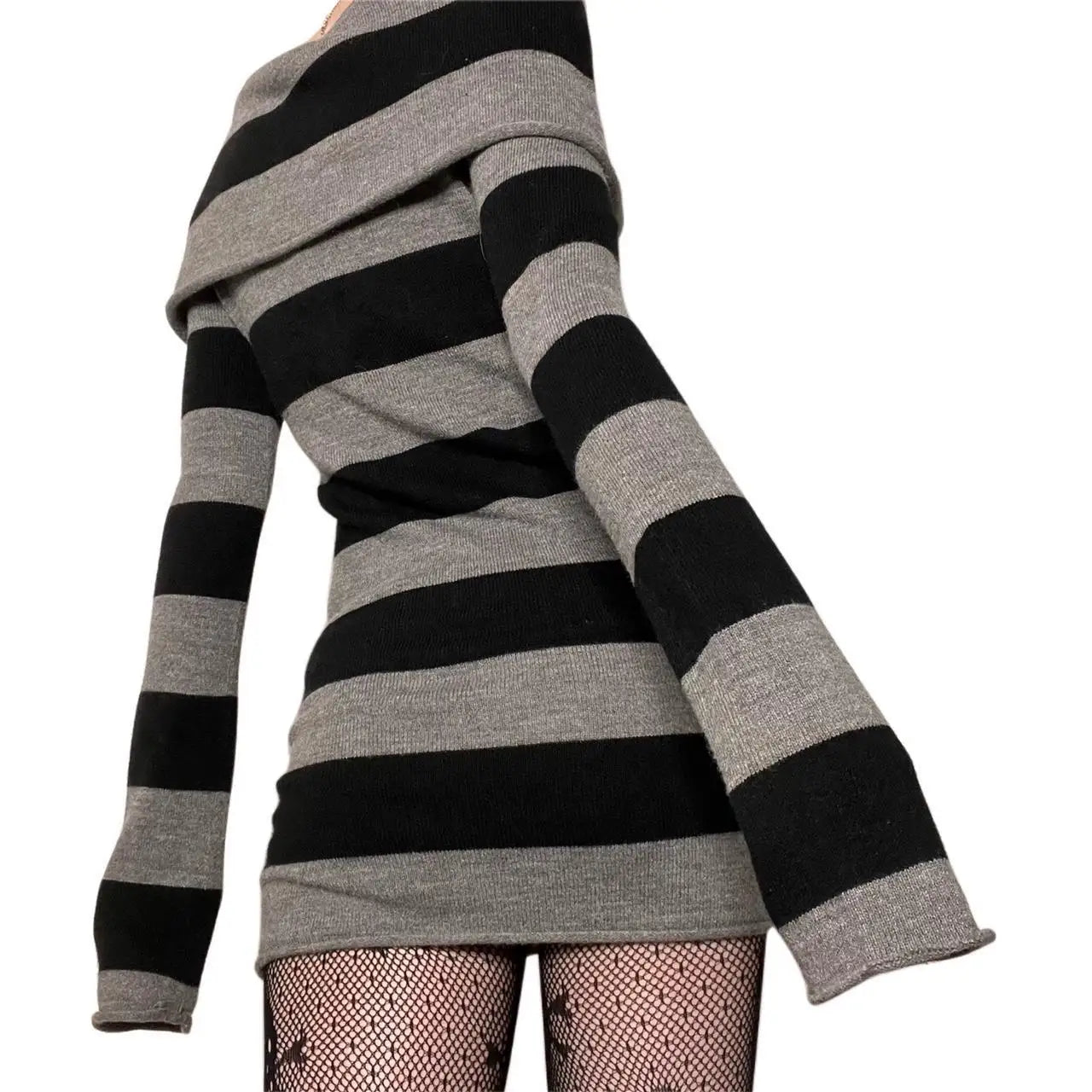 Women Autumn Dress Striped Boat-Neck Long Sleeve Bodycon Short Dress Y2K Gothic Wrapped Hip Party Dresses