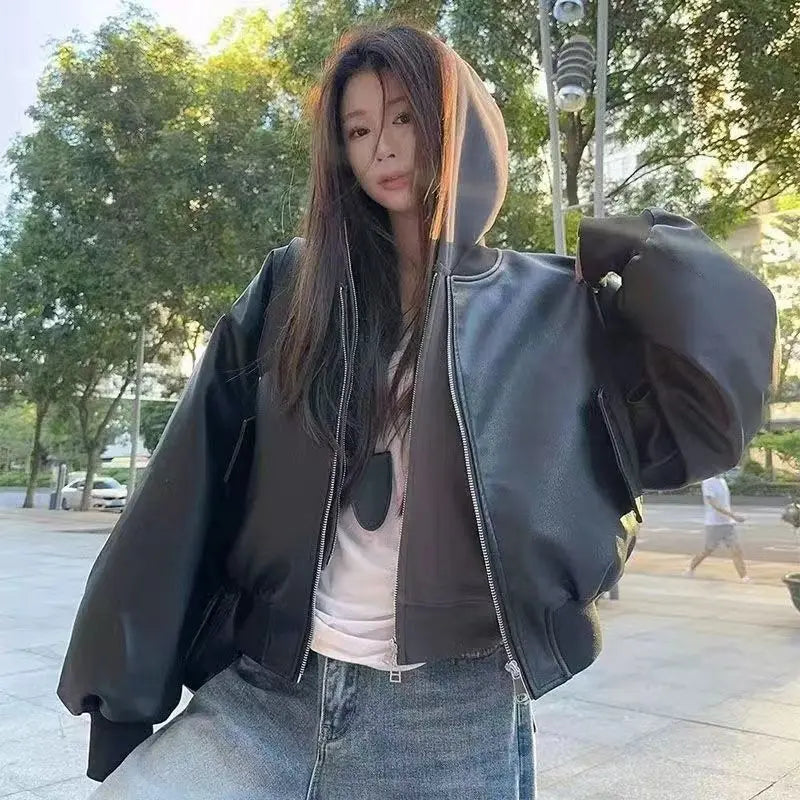Black Short Baseball Jacket Leather Jacket Women's 2026 Spring New Pu Leather Cool Sa Style Retro Loose Locomotive Clothing