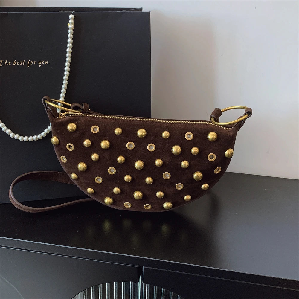 MOODS Branded Half-moon Shoulder Bags For Women Faux Suede Rivets Decor Crossbody Hobo Bags 2025 Latest Designer Handbags Luxury