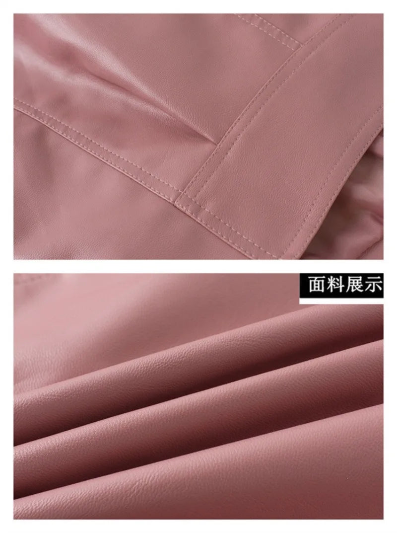 2026 Fashion Pink Black Leather Jacket Women's Short Coat Spring Autumn Zip-up Loose PU Leather Outerwear Student Casual Jackets