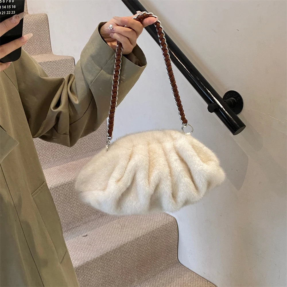 MOODS Pleated Design Faux Fur Shoulder Bags For Women 2024 Luxury Designer Purses And Handbags Winter Warm Soft Plush Hobo Bags