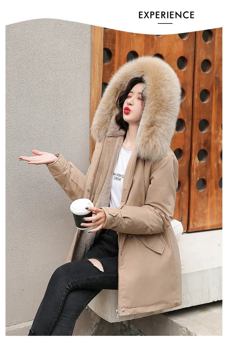 Winter Coat Low Price On Sale Women Beige Add Wool Thick Warmth Fur Hooded Parkas Jacket 2026 New Fashion Belt Slim Cotton Coat