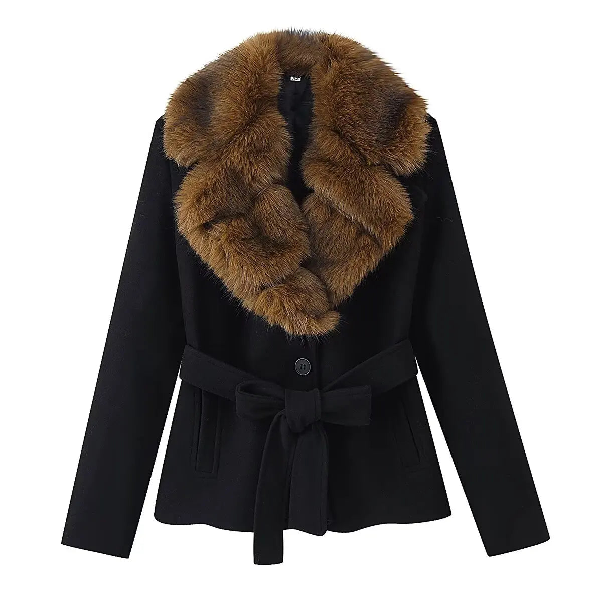 HH Women's Winter Fashion Coats Black Turn-Down Collar Long Sleeves Pockets Belt Decoration Female Elegant Slim Elegant Coat