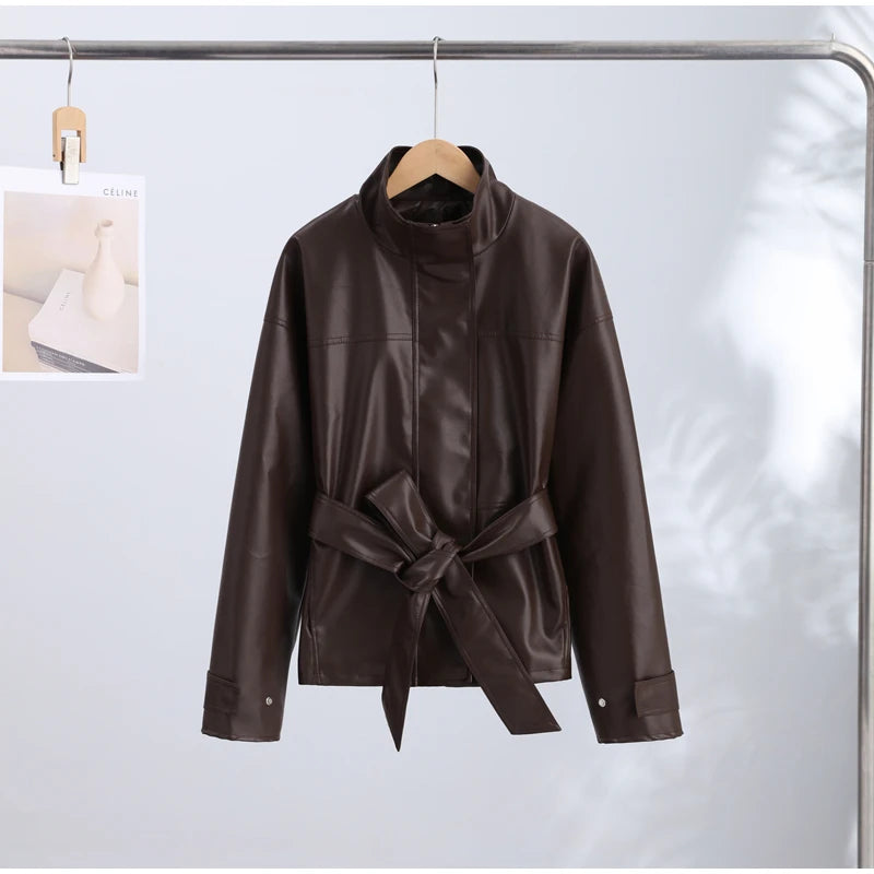 Belted Waist Stand Collar Women PU Jacket Drop Shoulder Long Sleeve Cuff Button Short Cropped Loose Faux Leather Jacket Commute