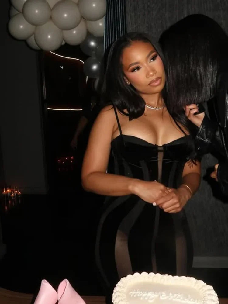 Women Black Velvet Sheer Maxi Dress Sexy Chic Mesh Patchwork Off-shoulder Waist Cinching Slim Maxi Dresses 2026 Club Party Gowns