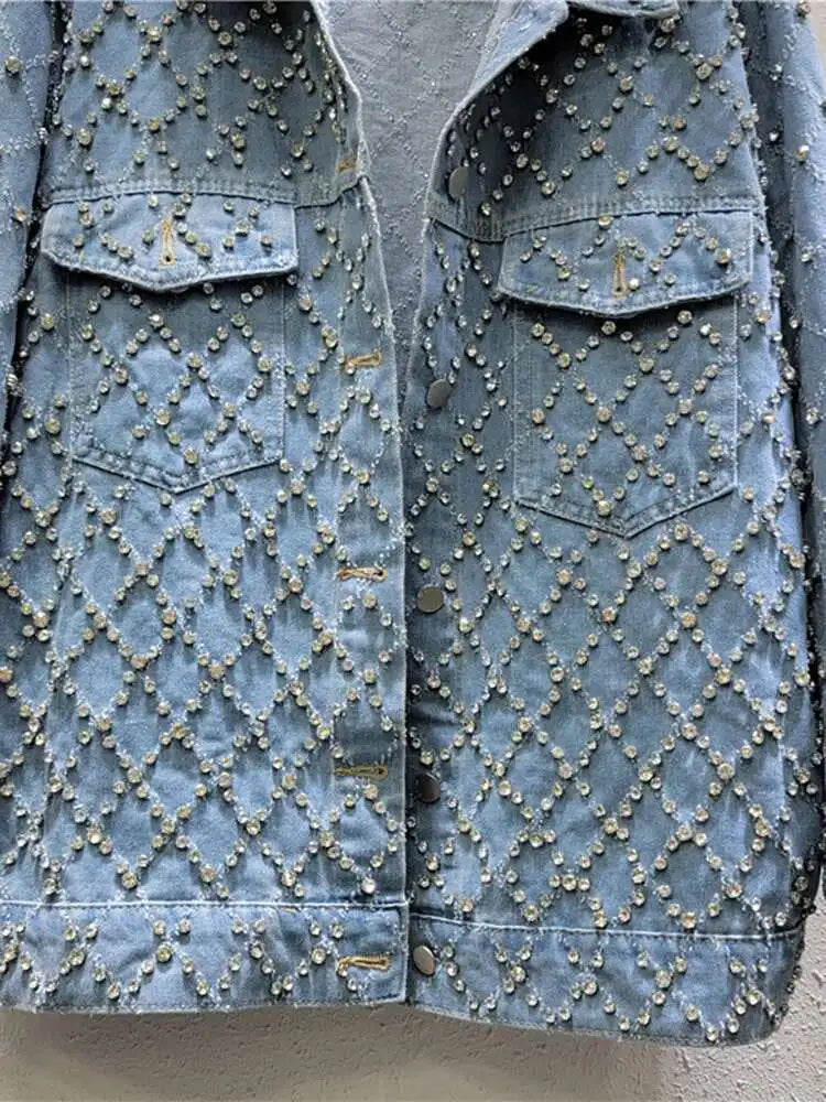 DEAT Women's Denim Coat Blue Long Sleeve Full Diamonds Distressed Jacquard Plaid Jackets 2026 Summer Summer New Fashion 29L7709