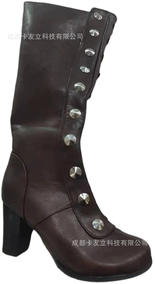 Retro Black Fashion Rivet Decor Boots Chunky Heels Knee High Slip on Shoes for Women Knight Boots  Autumn Zapatos Para Mujere