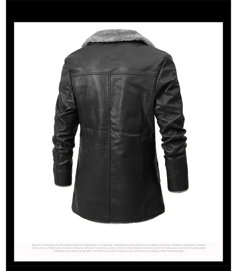 Men's Medium and Long PU Leather Jacket, Business Velvet Lapel Blazer, Single-Breasted Vintage Design Jacket