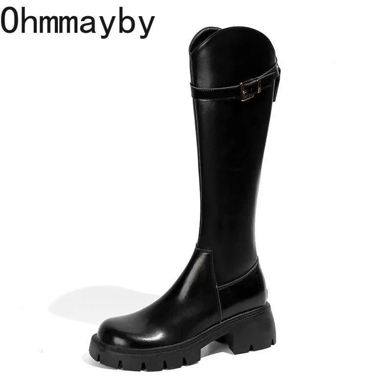 Fur Lining Women Knee High Boots Fashion Knight Long Booties Square High Heels Autumn Winter Warm Short Plush Shoes